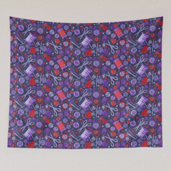 Item preview, Sewing Supplies Buttons Scissors Collage Pattern Violet Red designed and sold by Julia Khoroshikh.
