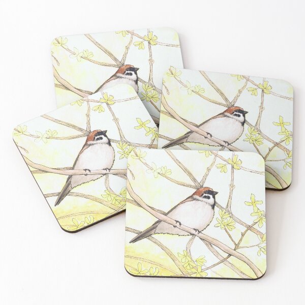 Item preview, Sparrow in a Forsythia Bush Watercolor Illustration designed and sold by Danica Templeton.