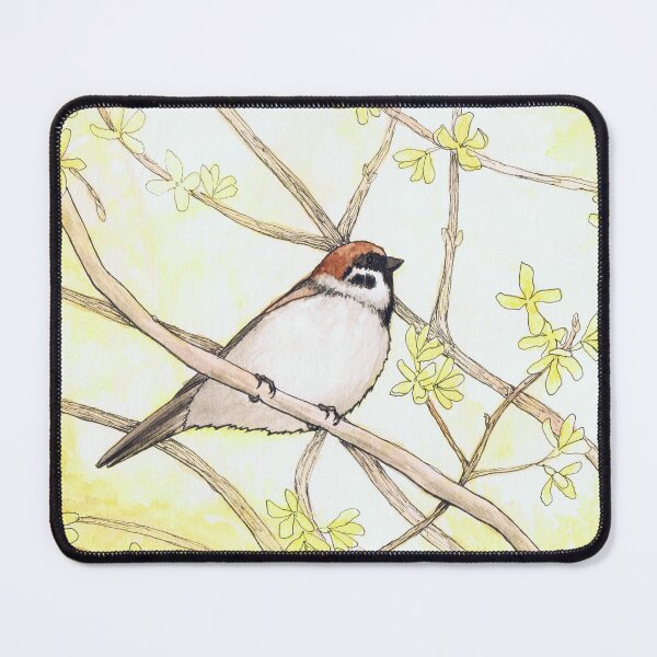 Item preview, Sparrow in a Forsythia Bush Watercolor Illustration designed and sold by Danica Templeton.