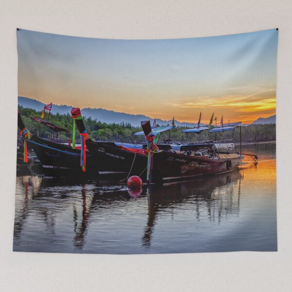 Item preview, Long tail boats moored in Psk Meng, Trang Province at sunrise. designed and sold by Kevin Hellon.