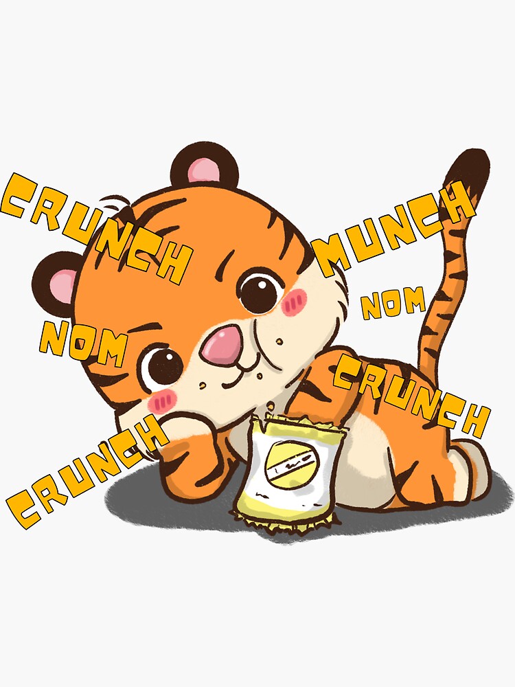 "Super cute tiger eating yummy snacks food" Sticker for Sale by