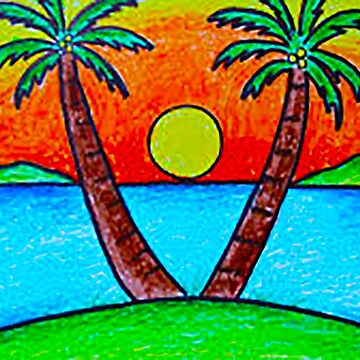 Island. at a Lake. Landscape from Nature. Drawing Oil Pastels on Paper.  Stock Photo - Image of tree, outdoors: 186411414