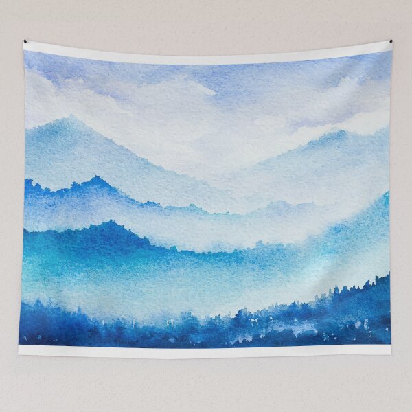 Item preview, Hand-drawn Winter Watercolor Blue Snowy Mountains illustration designed and sold by hatimelhag.