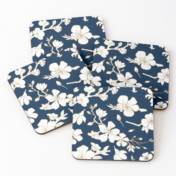 Artikelvorschau, White and Gold Blossoms on Navy entworfen und verkauft von meggydesigns.