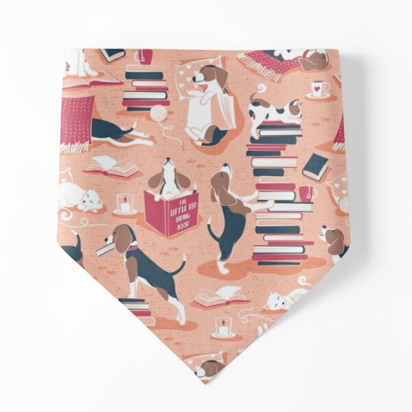 Life is better with books a hot drink and a friend // flesh coral background brown white and blue beagles and cats and red cozy details Pet Bandana