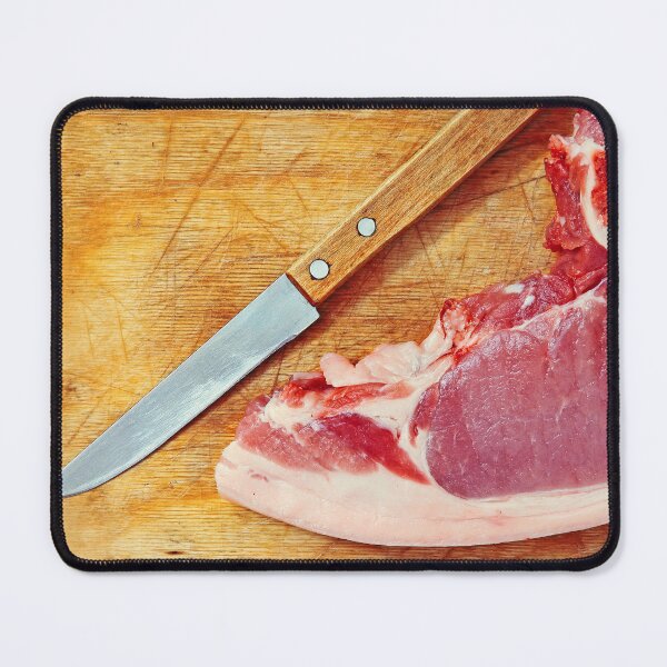 Item preview, Raw pork meat and knife on wooden cutting board. designed and sold by IaroslavB.