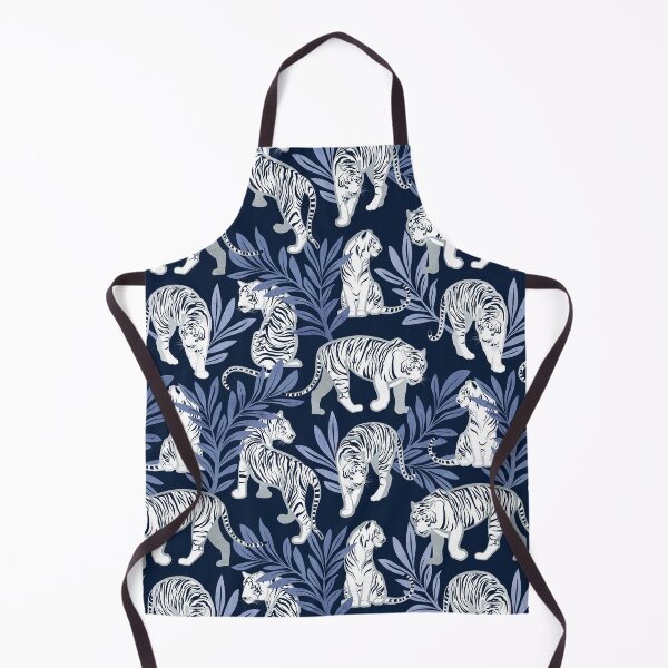 Item preview, Nouveau white tigers // navy blue background blue leaves silver lines white animal designed and sold by SelmaCardoso.