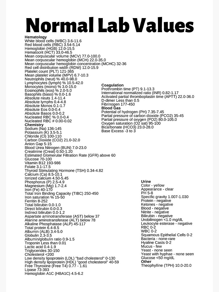 "Normal Lab Values Ranges Chart" Spiral Notebook for Sale by