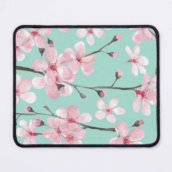 Item preview, cherry blossom on mint, pink cherry blossom watercolor designed and sold by MagentaRose.