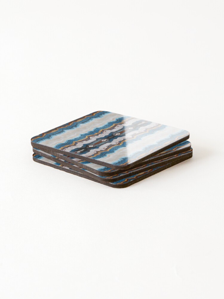 Thumbnail 4 of 5, Coasters (Set of 4), Gold Blue Linen Wave Pattern designed and sold by RuthPalmer.