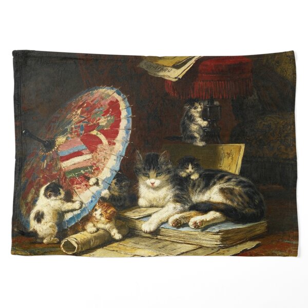 MOTHER CAT SITTING ON MUSIC PARTITIONS ,KITTENS PLAYING WITH JAPANESE UMBRELLA Pet Blanket