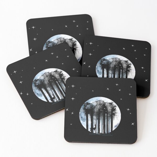 Item preview, Moon in dark forest with deer, wild, night, landscape watercolor style designed and sold by Collagedream.
