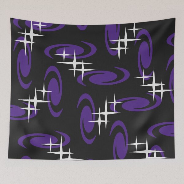 Artikelvorschau, Retro Atomic Age Swirls Stars Pattern Black Indigo entworfen und verkauft von thepixelgarden.