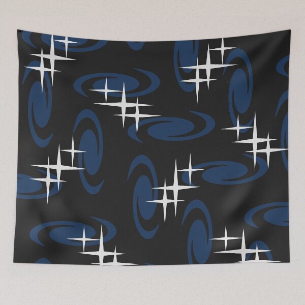 Artikelvorschau, Retro-Atomzeitalter-Wirbel-Stern-Muster-Schwarz-Marineblau entworfen und verkauft von thepixelgarden.