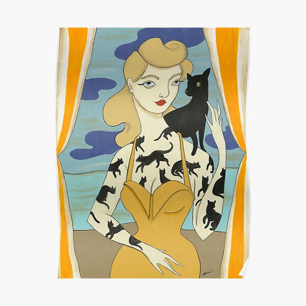 Black Cat Tattooed Lady Poster