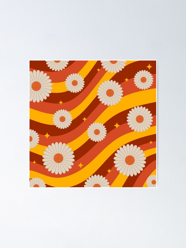 Groovy retro pattern with daisy flower and star in trendy 60s 70