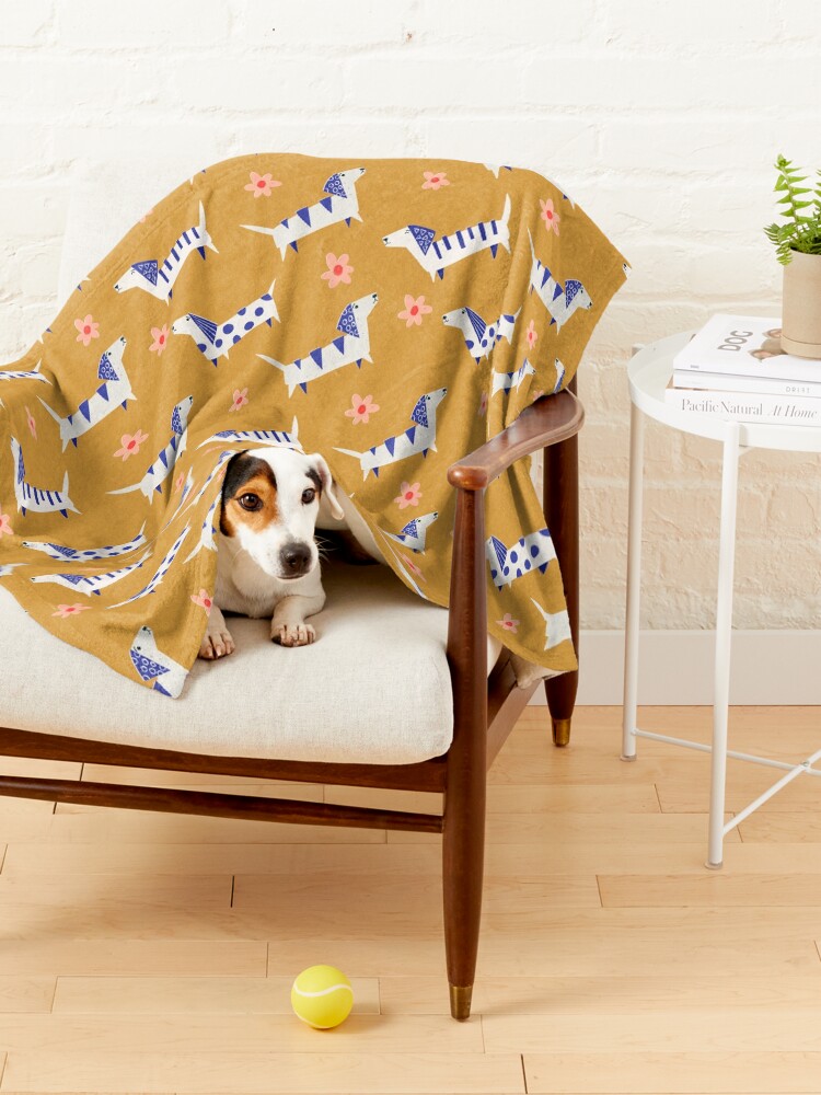 Alternate view of Cute Retro Dachshund Paper Cut Pattern with Daisy flowers Pet Blanket