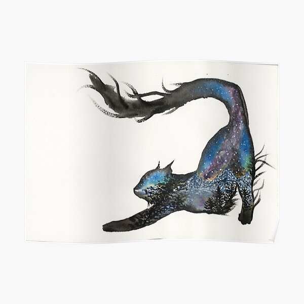 Galaxy Aurora Mountain Cat Poster