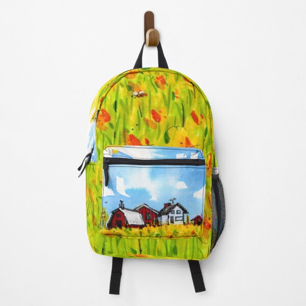 Item preview, Beautiful Farm Scene with Bees Barn and Yellow Orange and Red Flowers designed and sold by BWGunner.