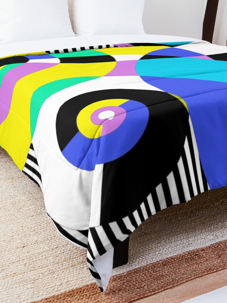 Alternate view of Mid Century Modern Colorful Spirals No.1 Yellow, Purple, Blue, Black Stripes Comforter