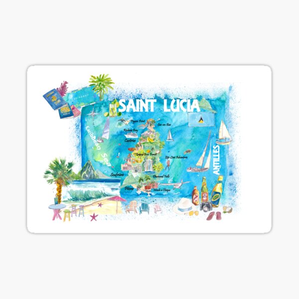 Aperçu de l'œuvre Carte illustrée des Antilles de Sainte-Lucie avec les points forts touristiques des Antilles 2e édition créée et vendue par artshop77.