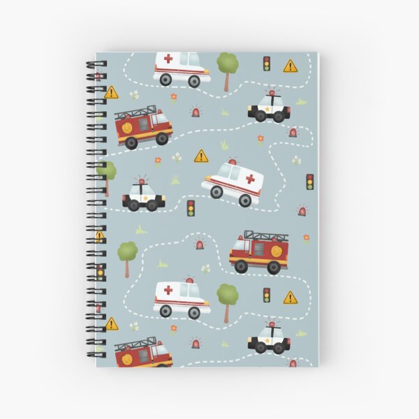 Boys Cute Blue Emergency Vehicle Pattern with Fire Engine Kids Spiral Notebook