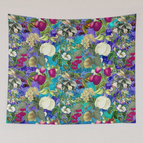 Item preview, Vintage fruit garden pattern, strawberries, vintage botanical, fruit pattern, purple turquoise floral illustration  designed and sold by ZeinabTaha.