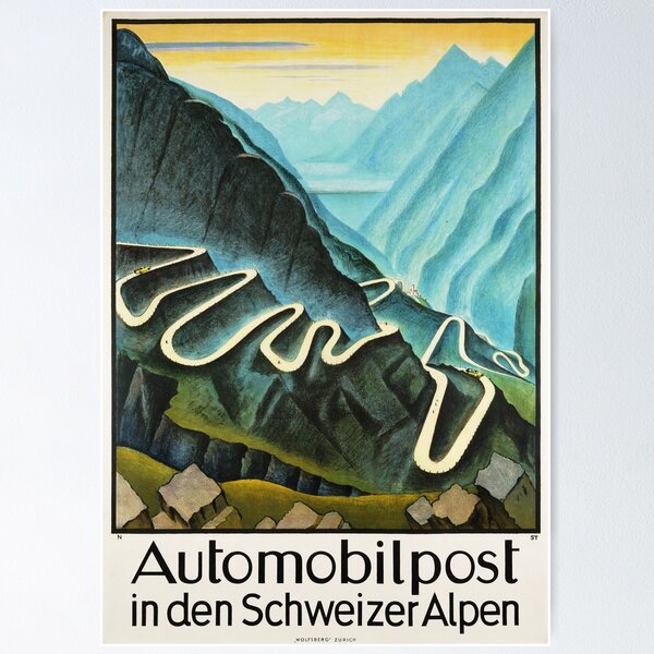 Item preview, AUTOMOBILPOST In Den Schweizer Alpen SWISS ALPS Postal Motor Coaches Vintage Travel Poster designed and sold by retroposters.