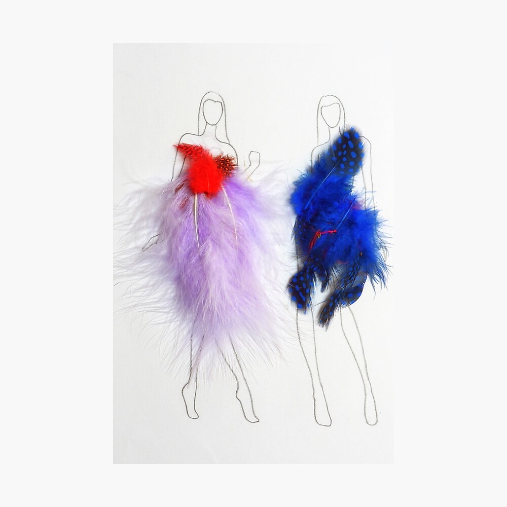 Beauty Fashion Model Girls Drawing with Feathers Dresses Poster