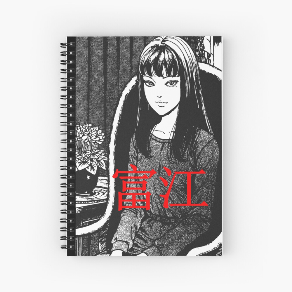 Scary Tomie And Junji Ito Sit With Red Font Spiral Notebook For