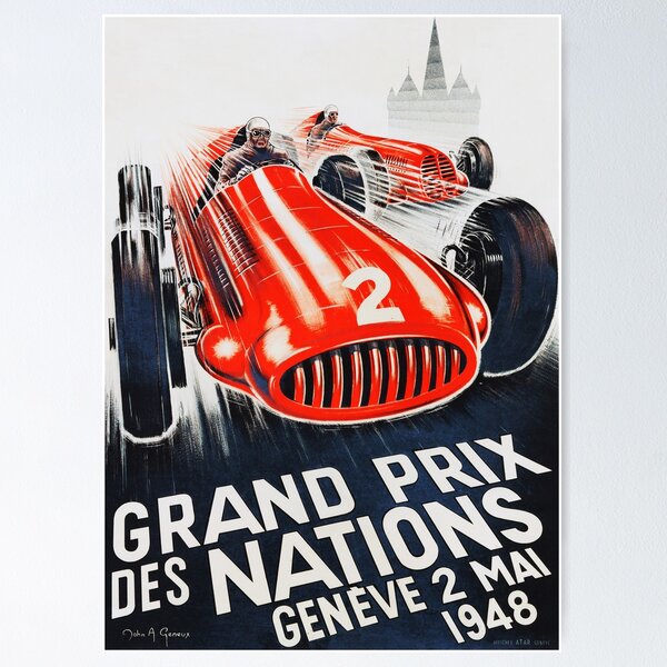 Item preview, GRAND PRIX DES NATIONS GENEVA 1948 Switzerland Art Deco by John A Geneux Vintage Car Racing Poster designed and sold by retroposters.