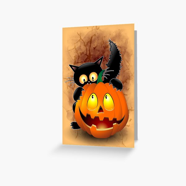 Cat Funny Halloween Cartoon Character biting a Pumpkin Greeting Card