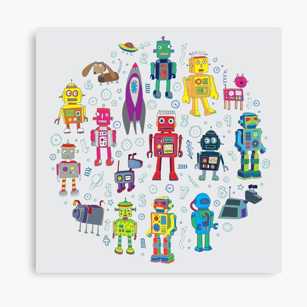 Robots in Space - grey - fun Robot pattern by Cecca Designs Canvas Print