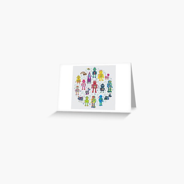 Robots in Space - grey - fun Robot pattern by Cecca Designs Greeting Card