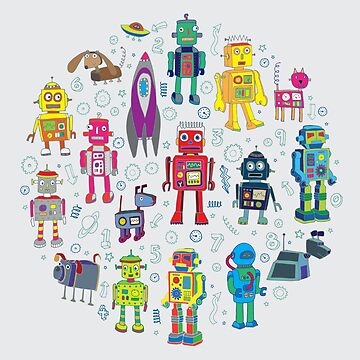 Artwork thumbnail, Robots in Space - grey - fun Robot pattern by Cecca Designs by Cecca-Designs