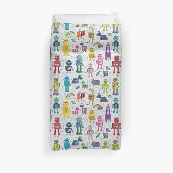 Robots in Space - grey - fun Robot pattern by Cecca Designs Duvet Cover