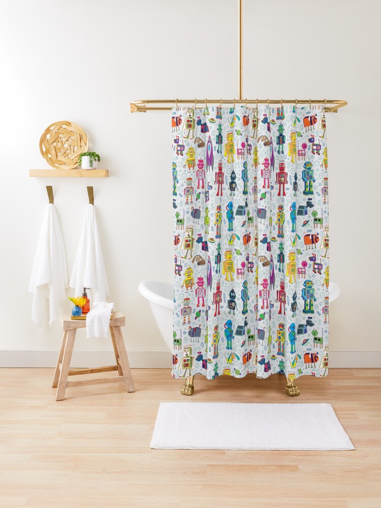 Thumbnail 1 of 5, Shower Curtain, Robots in Space - grey - fun Robot pattern by Cecca Designs designed and sold by Cecca-Designs.
