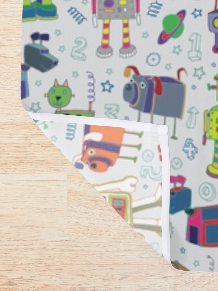 Thumbnail 2 of 5, Shower Curtain, Robots in Space - grey - fun Robot pattern by Cecca Designs designed and sold by Cecca-Designs.