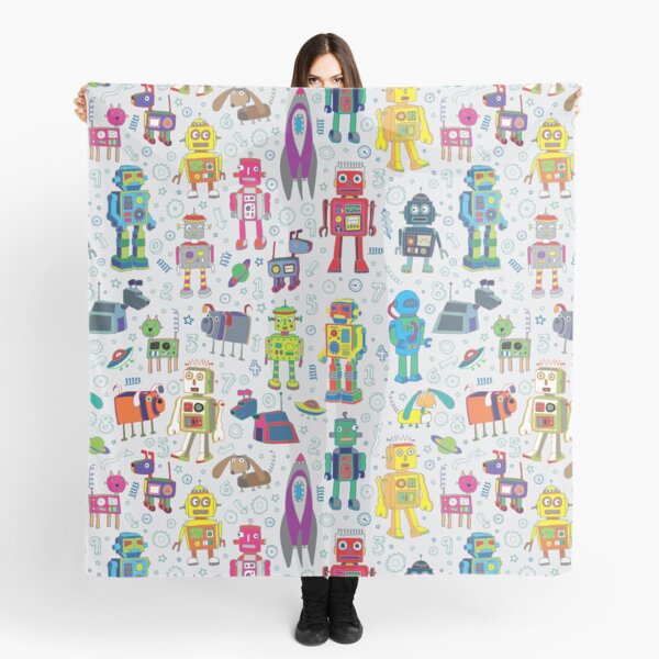 Robots in Space - grey - fun Robot pattern by Cecca Designs Scarf