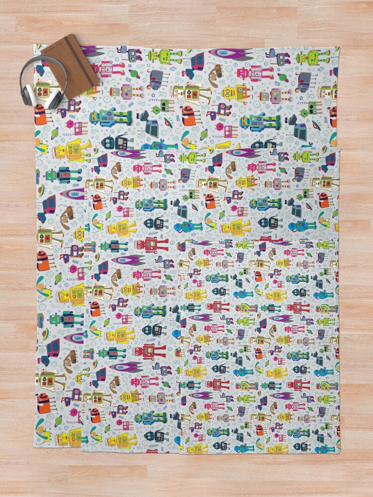 Alternate view of Robots in Space - grey - fun Robot pattern by Cecca Designs Throw Blanket