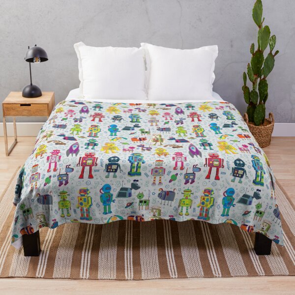 Robots in Space - grey - fun Robot pattern by Cecca Designs Throw Blanket