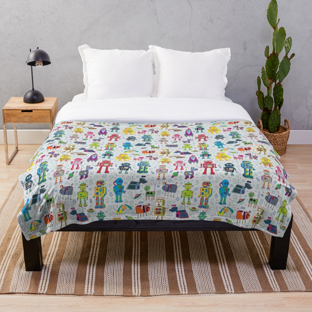 Robots in Space - grey - fun Robot pattern by Cecca Designs Throw Blanket