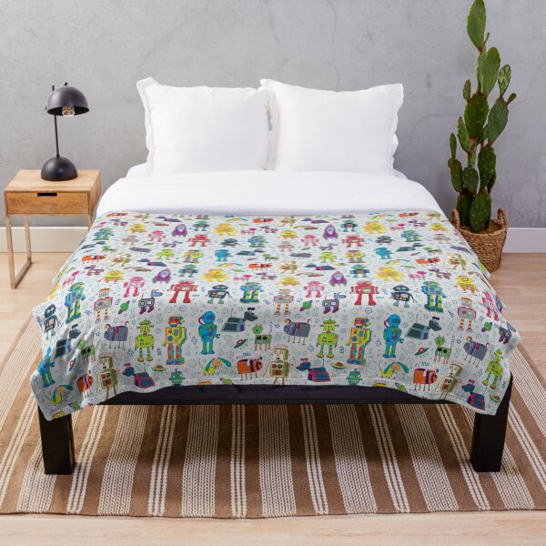 Robots in Space - grey - fun Robot pattern by Cecca Designs Throw Blanket