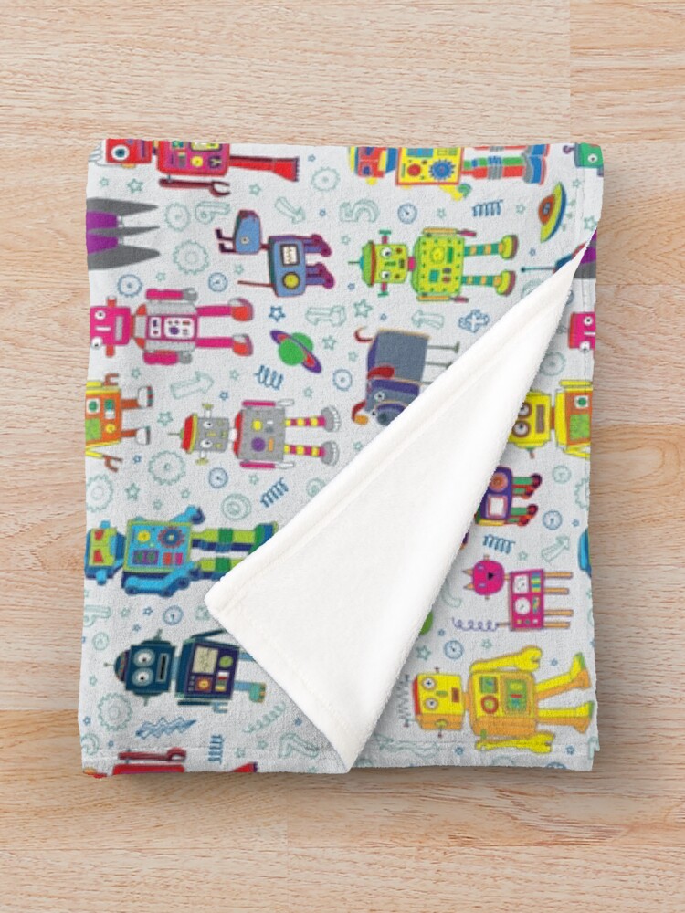 Alternate view of Robots in Space - grey - fun Robot pattern by Cecca Designs Throw Blanket