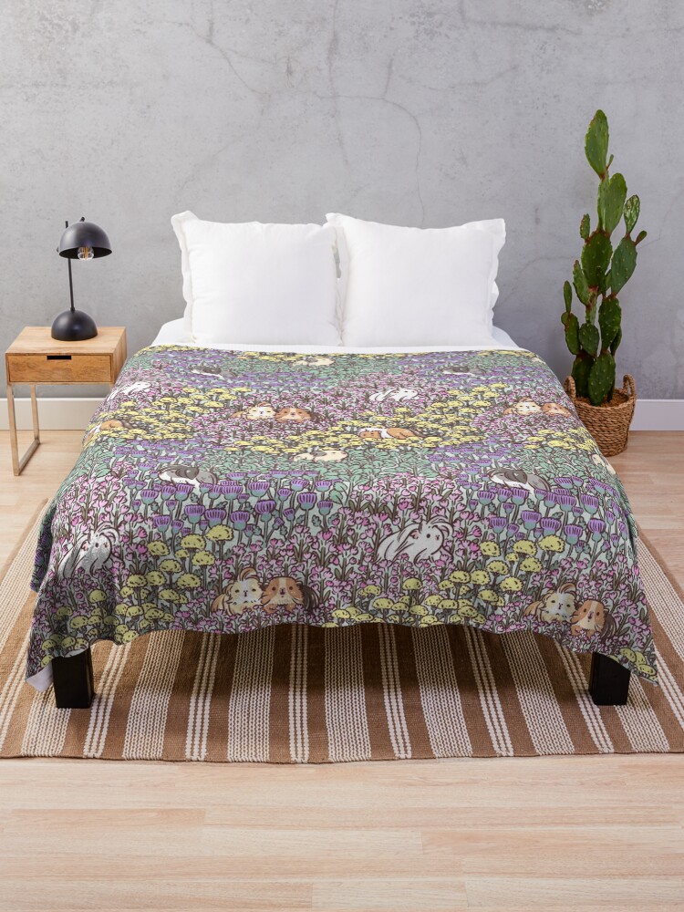 Thumbnail 1 of 6, Throw Blanket, Long Haired Guinea pigs and Floral Garden pattern designed and sold by Miri-Noristudio.