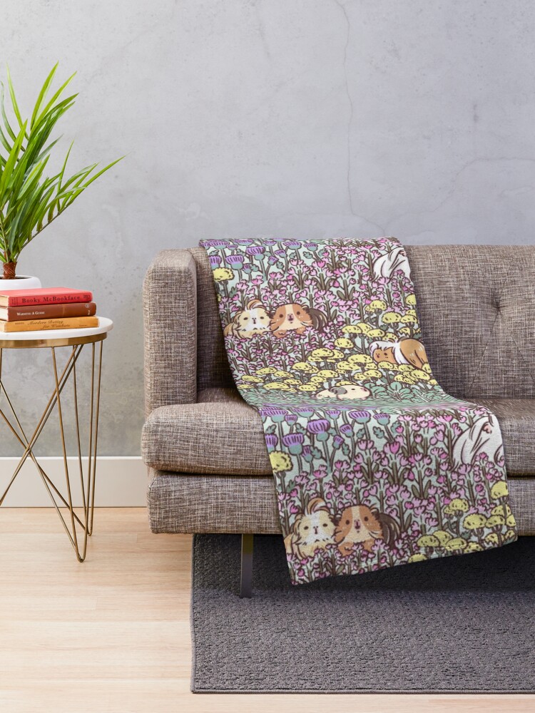 Alternate view of Long Haired Guinea pigs and Floral Garden pattern Throw Blanket