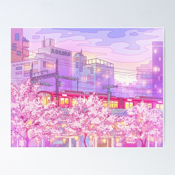 The Tokyo city, train and the purple sunset Poster