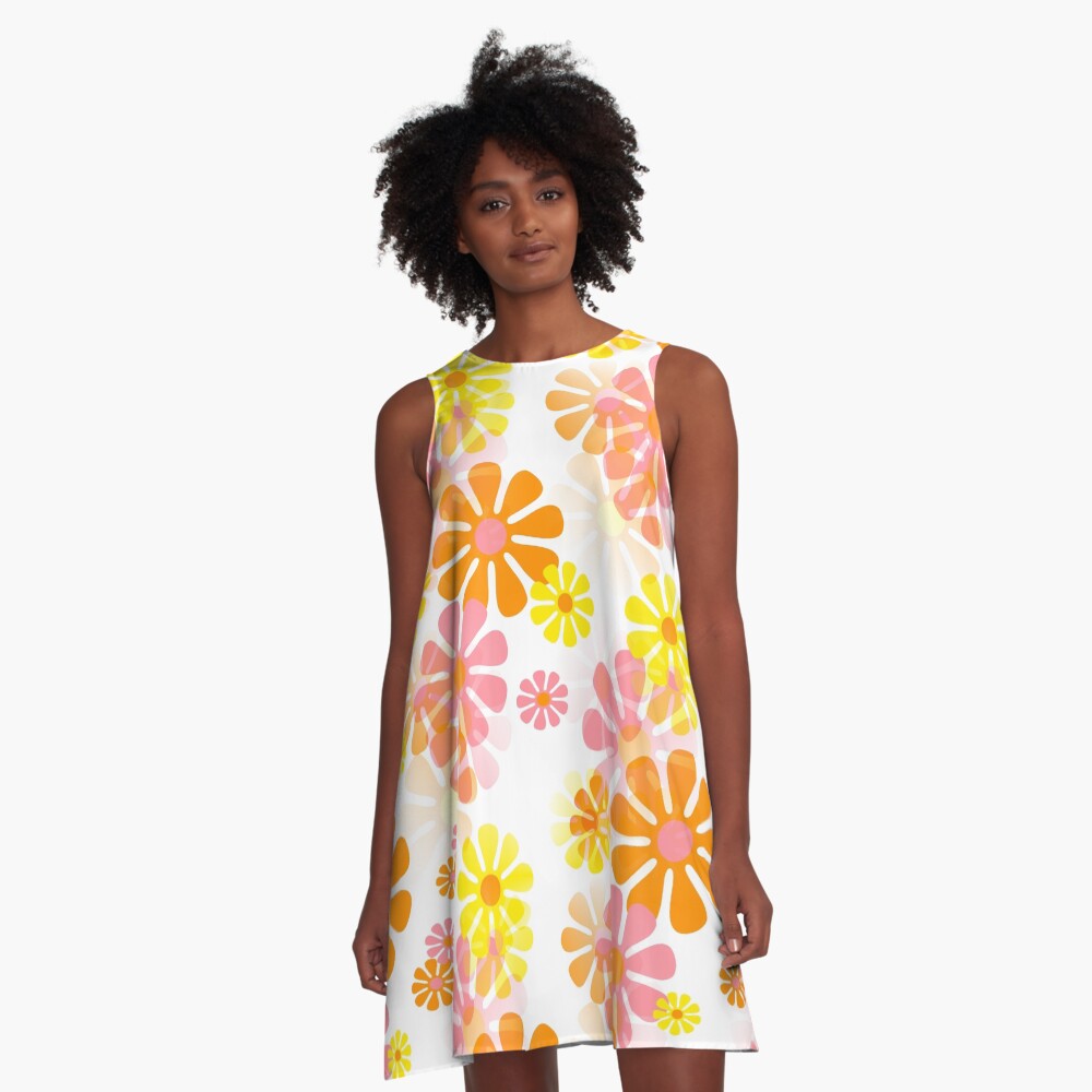 60's Retro Groovy Mod Flowers In Pink, Orange and Yellow A-Line Dress