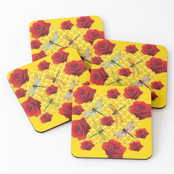 Item preview, DRAGONFLIES RED ROSES ABSTRACT GOLDEN COLOR ART   designed and sold by sharlesart.
