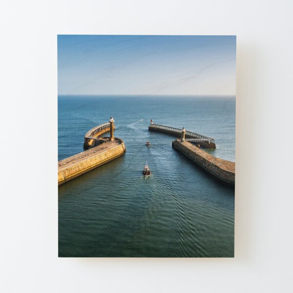 Fishing boats leave Whitby Harbour Wood Mounted Print